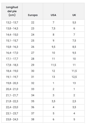 Size chart Action Futbol