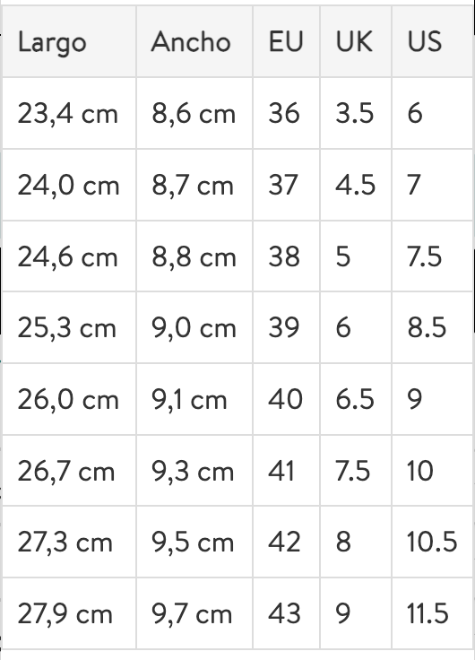 Size chart Amsterdam