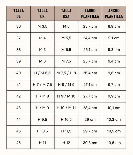 Size chart Creta
