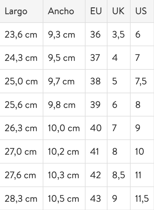 Size chart Camden Mid Barefoot+