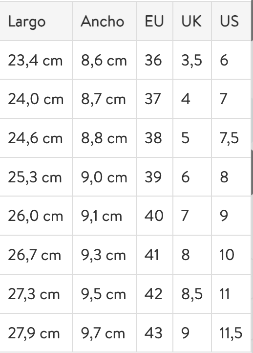 Size chart Camden