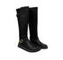 Pair of black tall boots with gold buckles, viewed from a three-quarter angle.