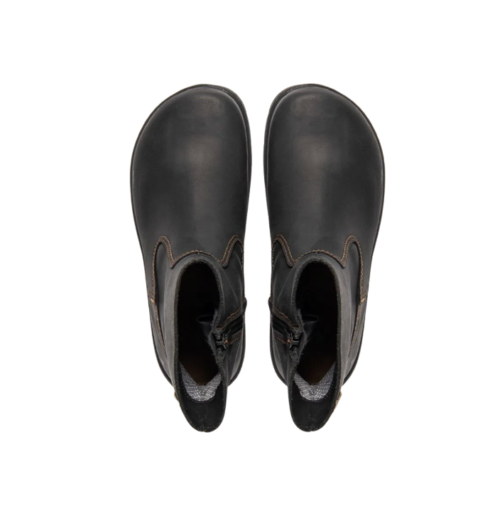 Pair of black ankle boots viewed from above, with the interior and stitching visible.