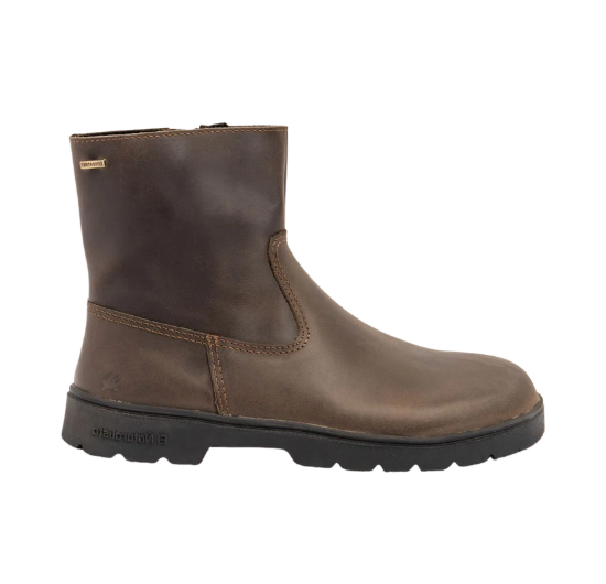 Brown mid-cut ankle boot, viewed from the side, with a black sole and decorative stitching.