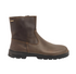 Brown mid-cut ankle boot, viewed from the side, with a black sole and decorative stitching.