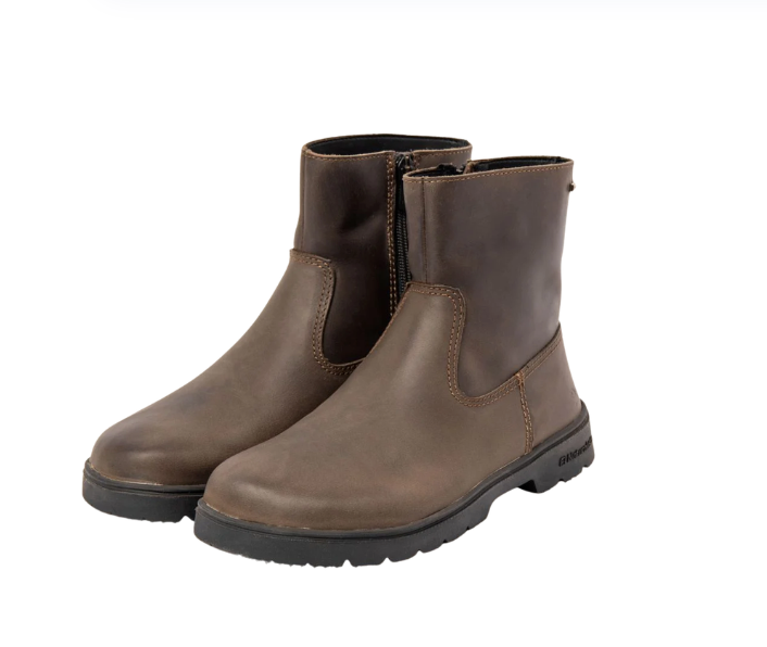 Pair of brown mid-cut ankle boots viewed from a three-quarter angle, with black soles.