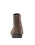 Brown ankle boot viewed from behind, with a vertical seam and side pull tab.