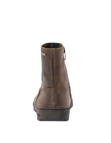 Brown ankle boot viewed from behind, with a vertical seam and side pull tab.