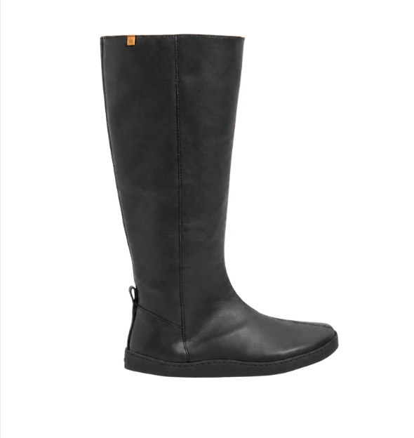 Black tall boot viewed from the side, with a vertical seam and rear pull tab; barefoot design.