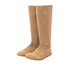 Pair of beige tall boots viewed from a three-quarter angle, with side zippers and brown soles.