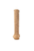 Beige tall boot viewed from behind, with a vertical seam and pull tab.