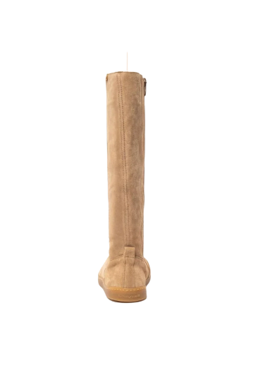 Beige tall boot viewed from behind, with a vertical seam and pull tab.