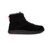 Black lace-up ankle boot viewed from the side, with light lining and a gray sole.