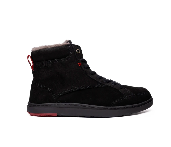 Black lace-up ankle boot viewed from the side, with light lining and a gray sole.