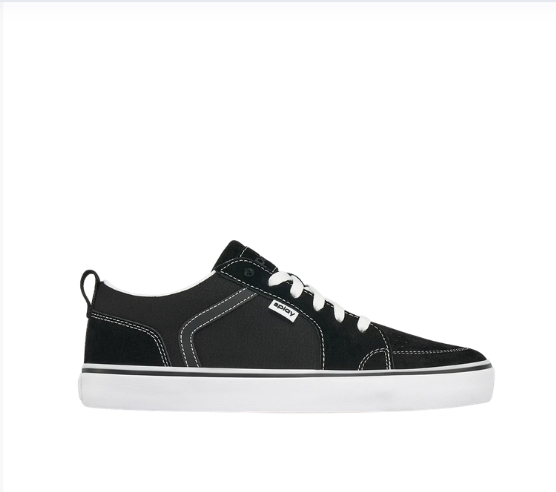 Black low-profile SPLAY REV LTS sneaker viewed from the side, with white laces and a white sole.