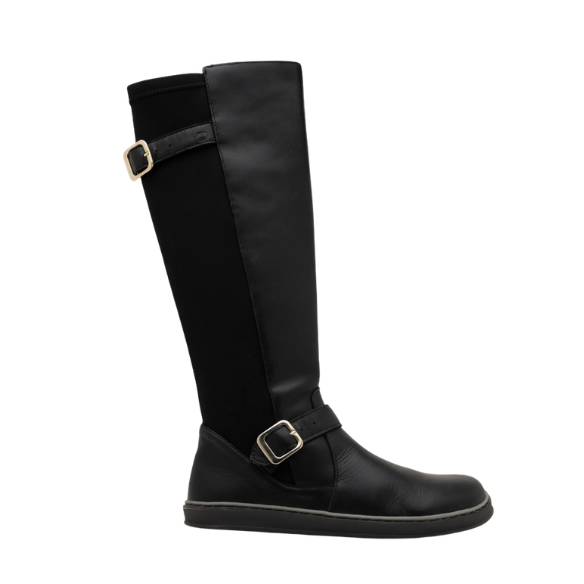 Black tall barefoot boot with two metal buckles, viewed from the side.