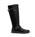 Black tall barefoot boot with two metal buckles, viewed from the side.