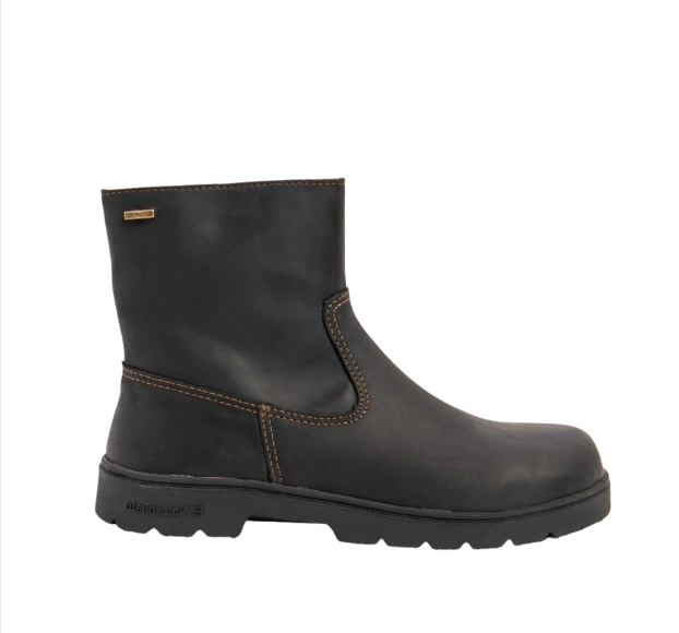 Black Ford foot-friendly footwear with a short shaft, ochre stitching, and a lugged sole.