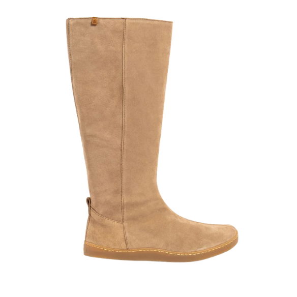 Barefoot footwear: beige tall boot viewed from the side, with a vertical seam and brown sole.