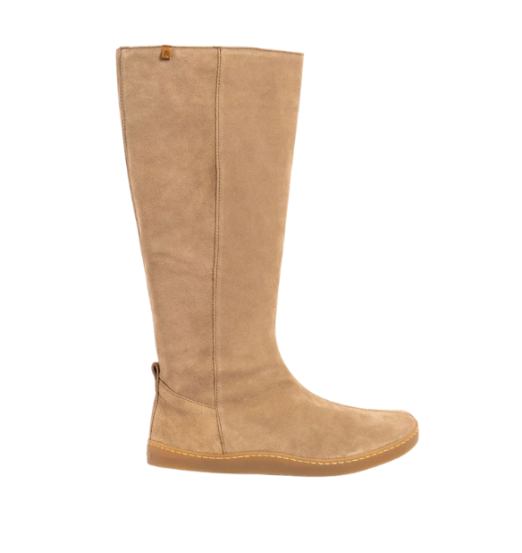 Barefoot footwear: beige tall boot viewed from the side, with a vertical seam and brown sole.