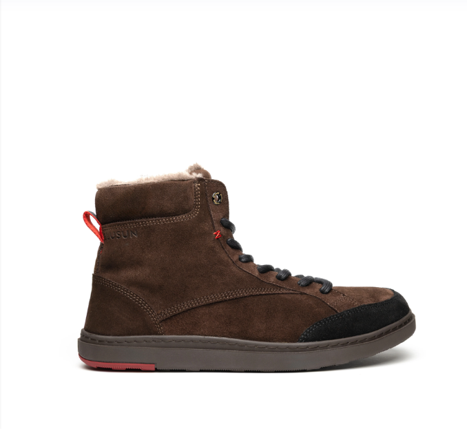 Brown suede BLUSUN barefoot ankle boot, viewed from the side, with laces and light lining.