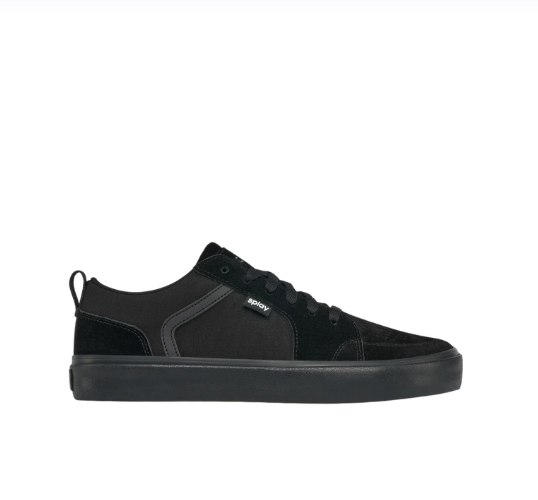 Low-profile black shoe with laces and a dark sole; foot-friendly design.