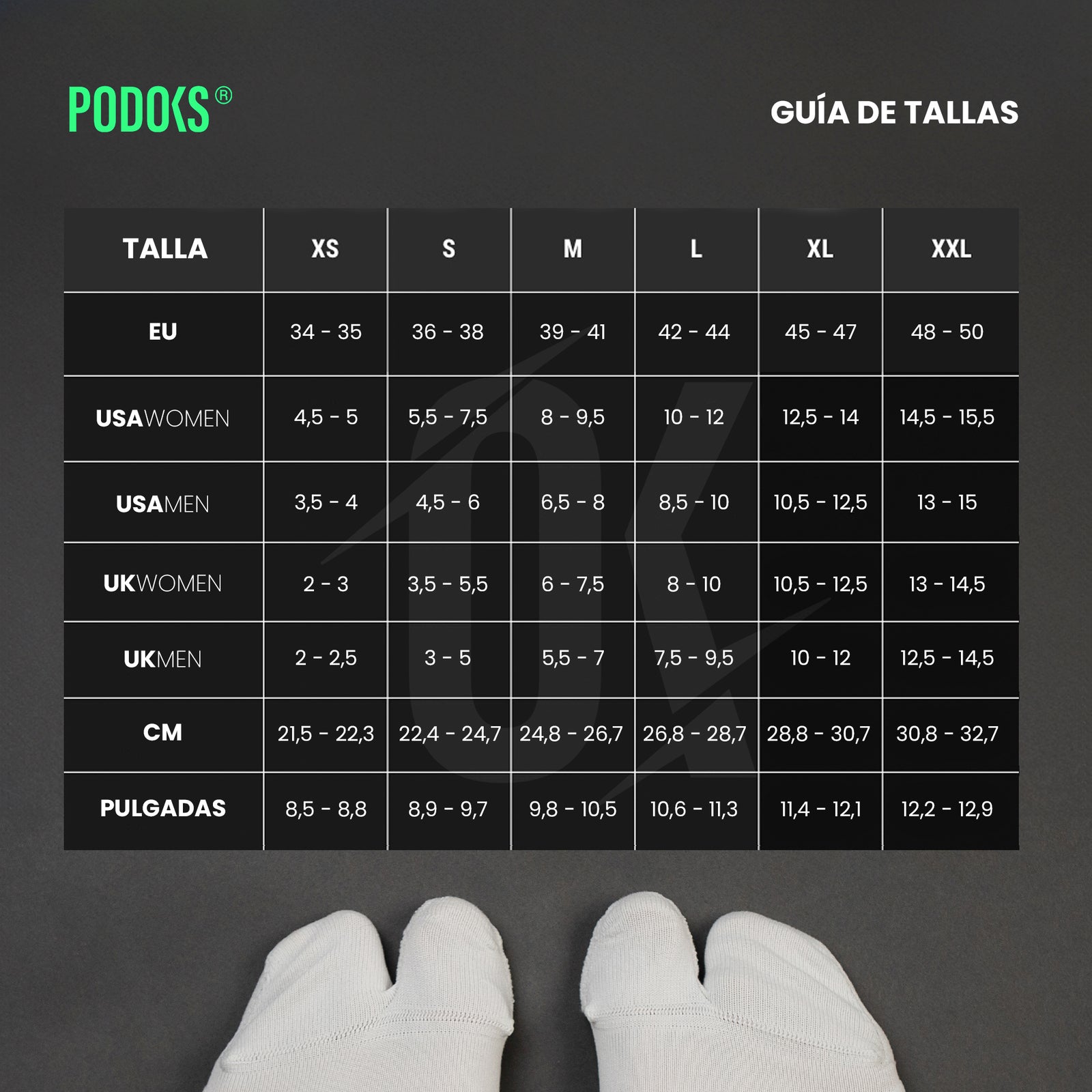 Size chart Podoks Medias Compresivas