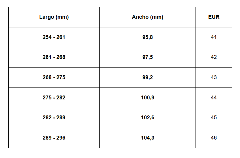 Size chart Majorca - He