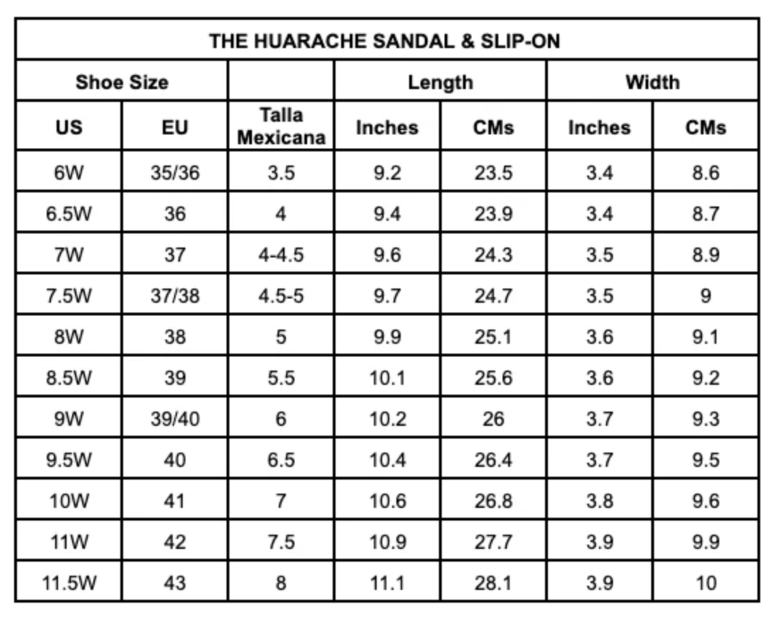Size chart The Huarache - Slip-On