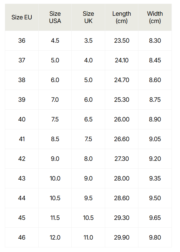 Size chart M89 Nylon