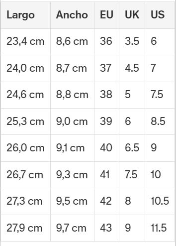Size chart Mona Stretch 