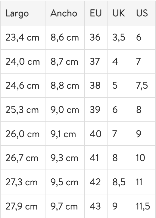 Size chart Nova GO1 2.0