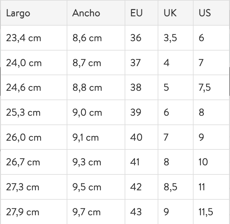 Size chart Odessa GX2 