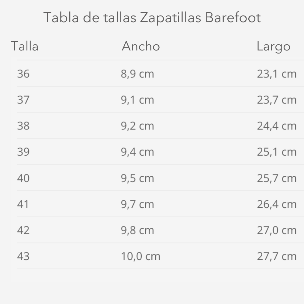 Size chart Zapatillas de casa barefoot