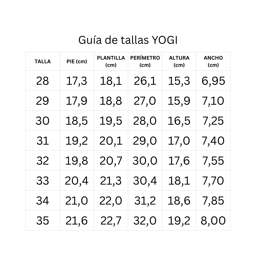 Size chart Yogi B