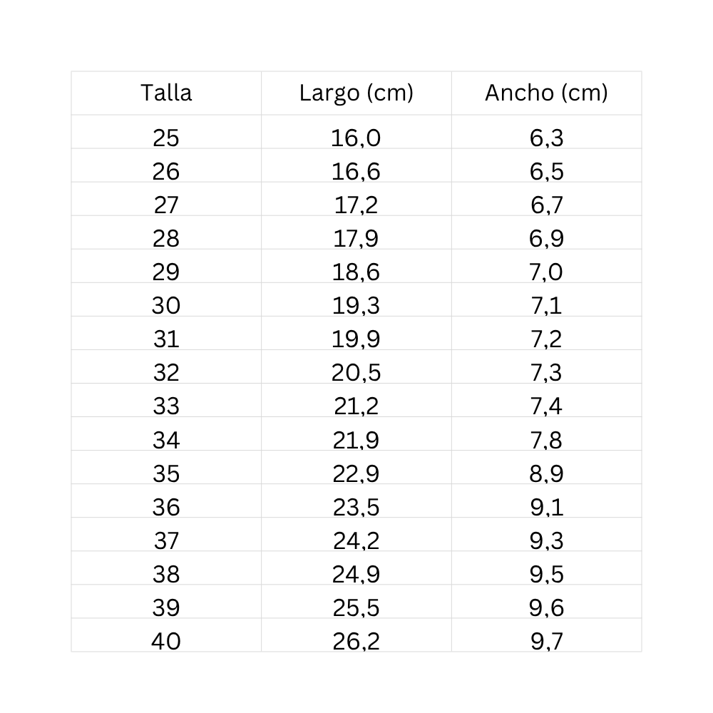 Size chart Tucson