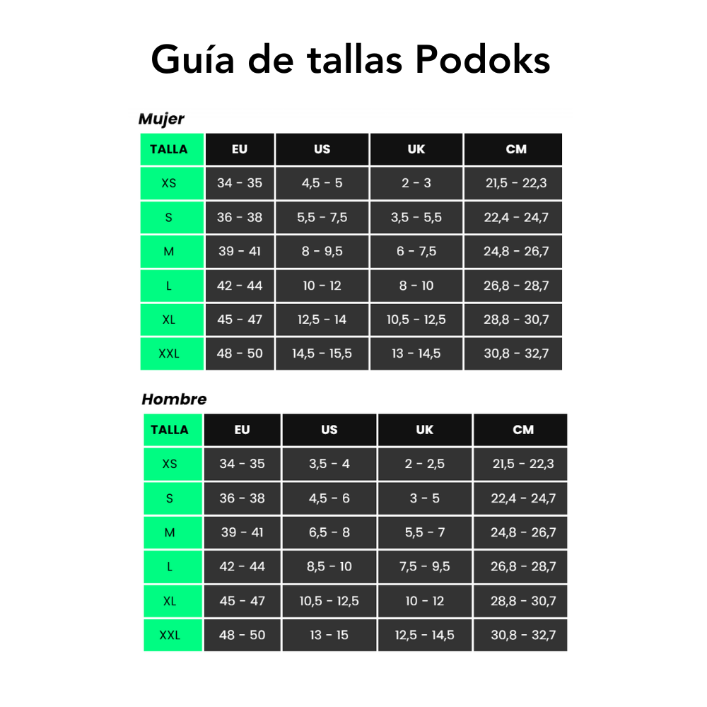 Size chart Podoks Calcetín Comfort (H3 - Tobillero)
