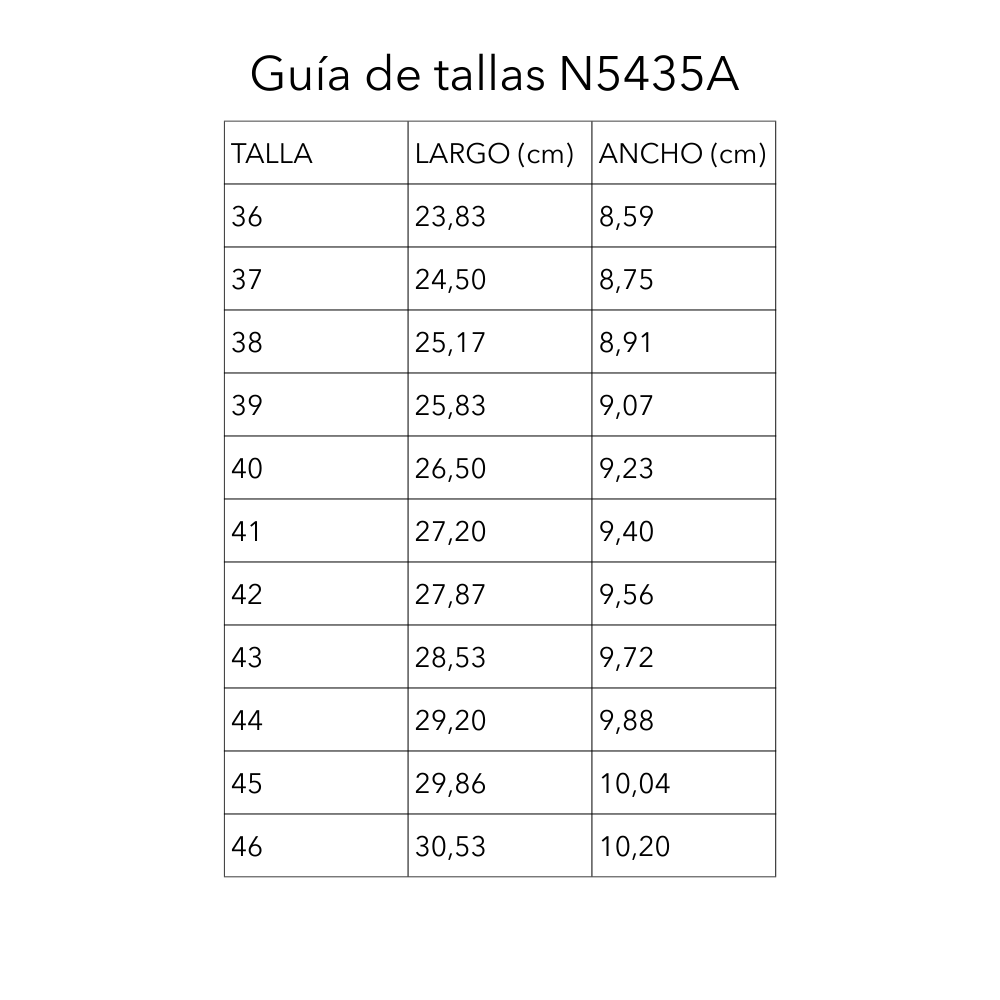 Size chart Breeze Nylon - N5435A