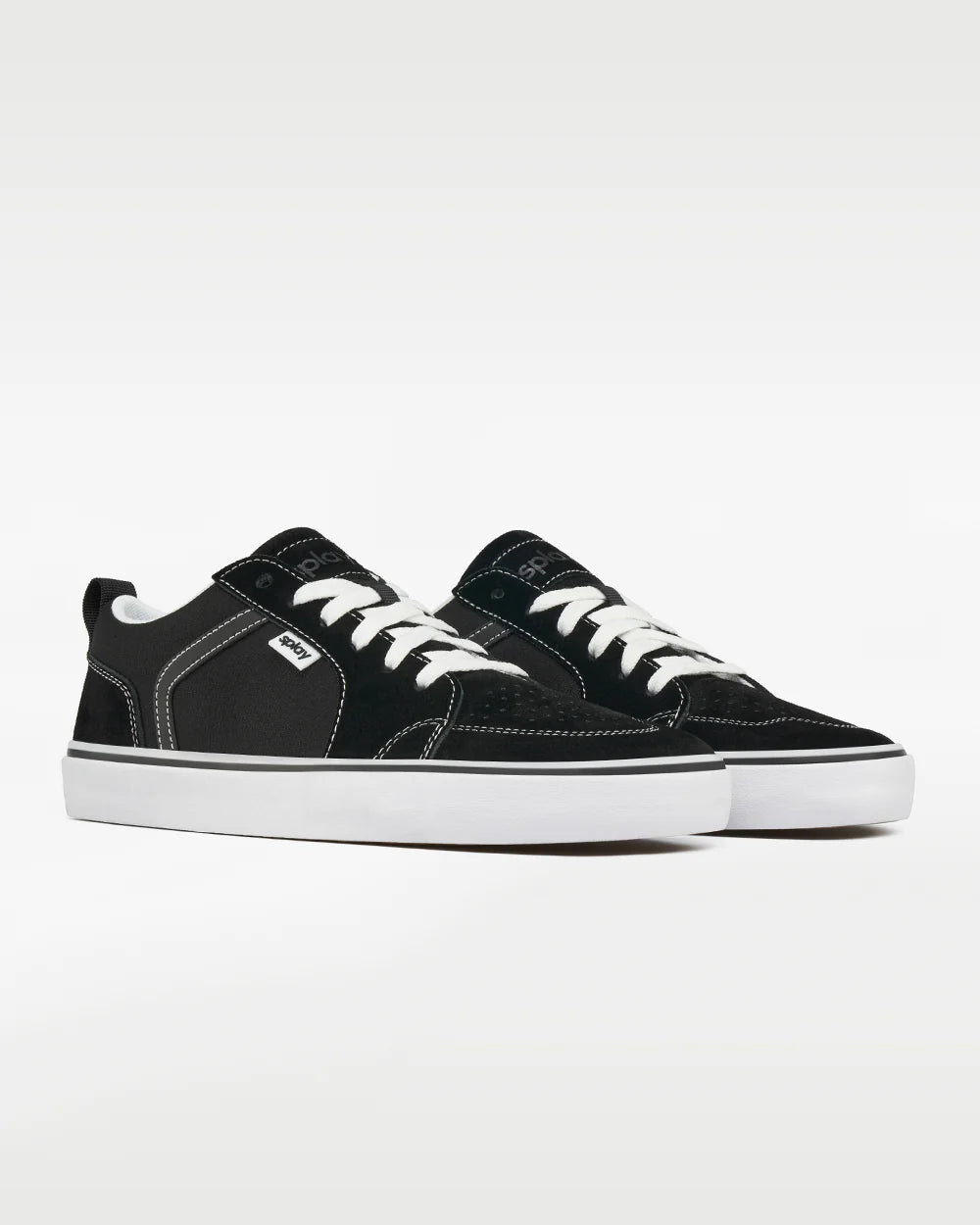 Pair of black SPLAY REV LTS sneakers with white laces, viewed from the front and side.