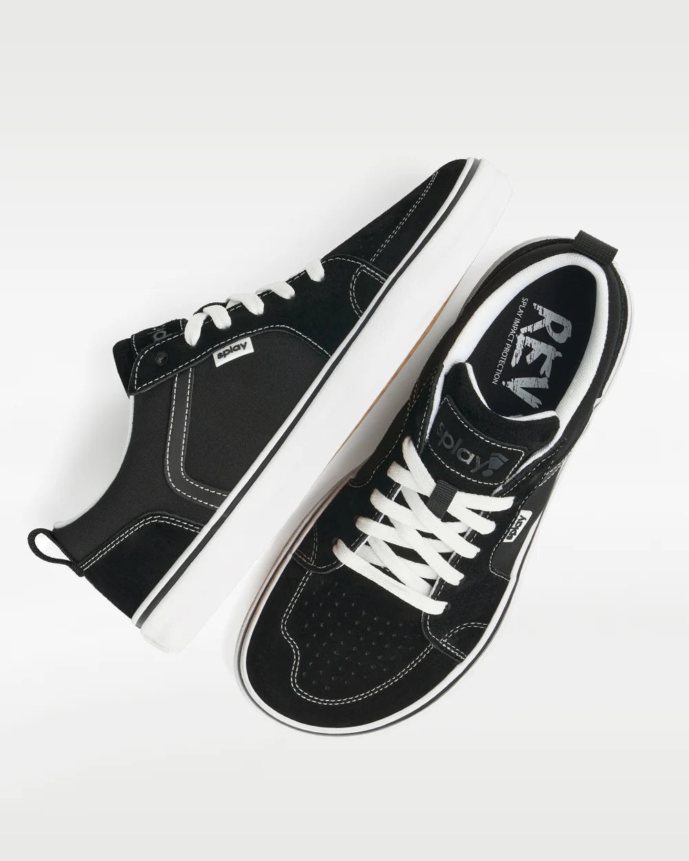 Pair of black SPLAY REV LTS sneakers viewed from above, with white laces and visible stitching.