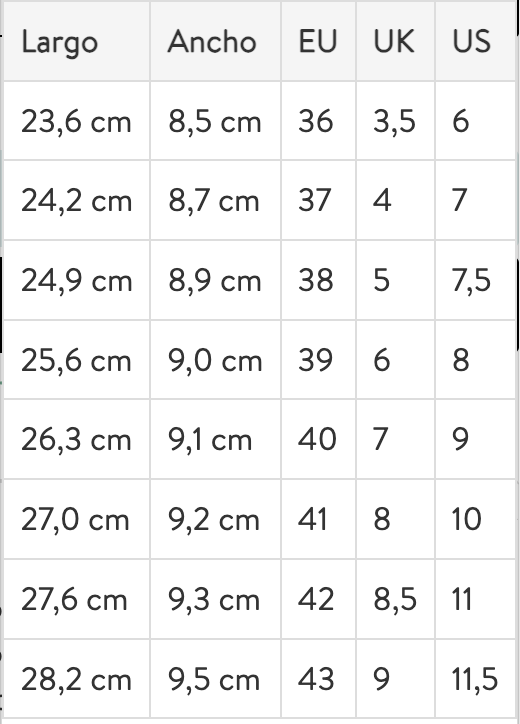 Size chart Sienna