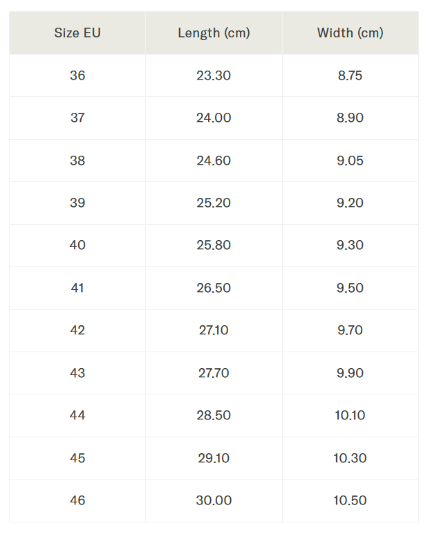 Size chart M89 Ground