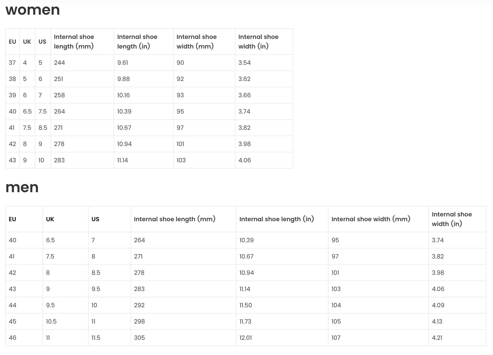 Size chart BLSN-103