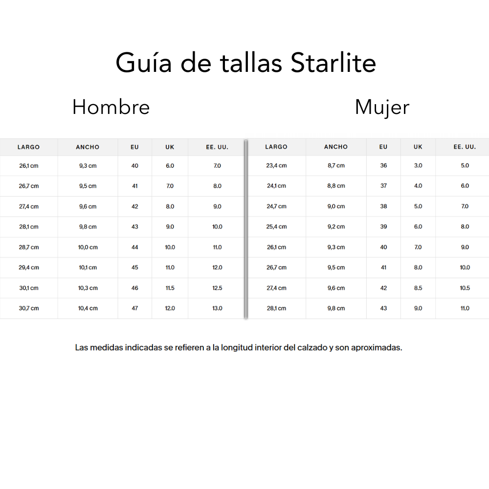 Size chart Starlite 2.0