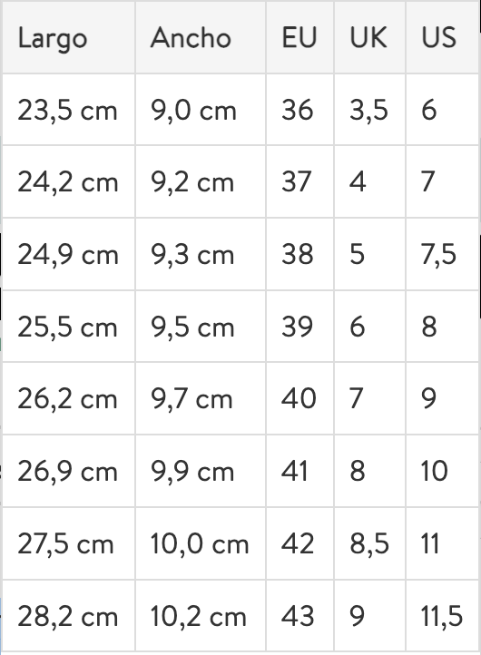 Size chart Cadiz
