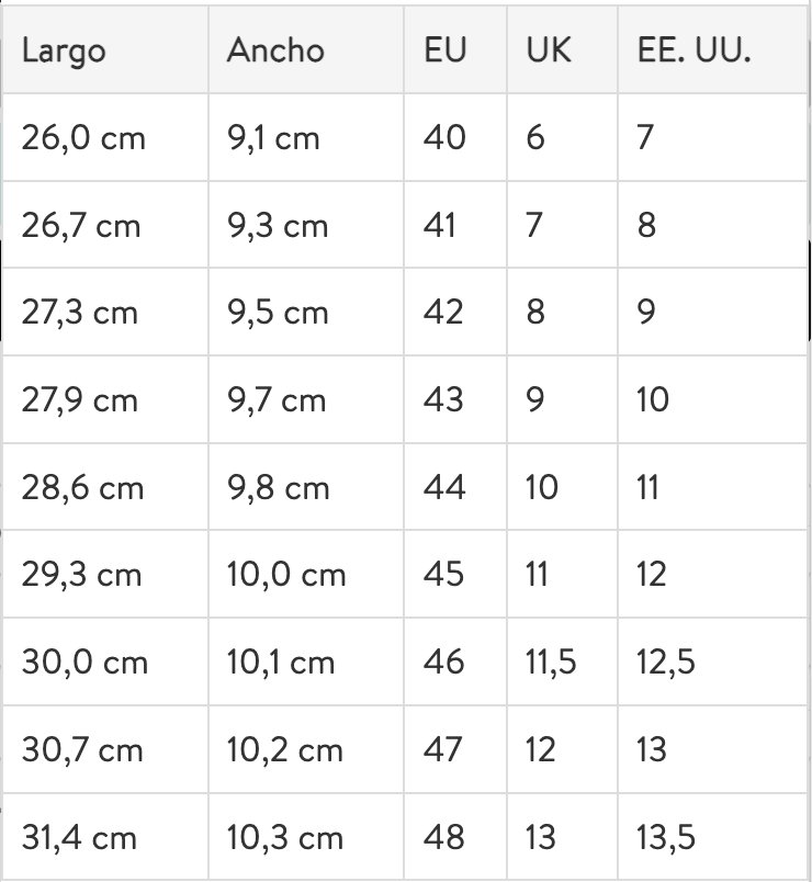 Size chart Williamsburg