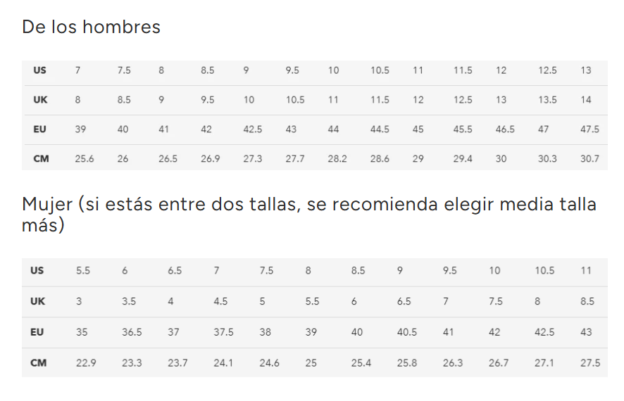 Size chart Yama T1 - Men