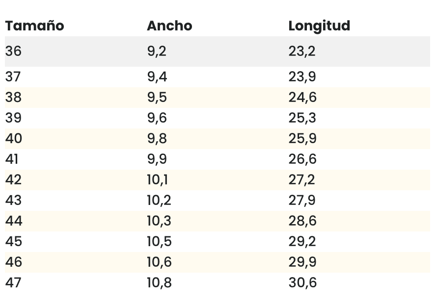 Size chart Zing Fresh