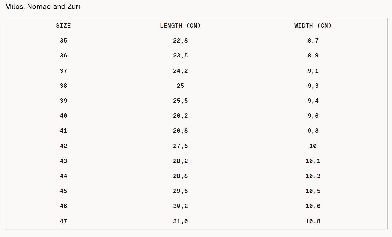 Size chart Zuri