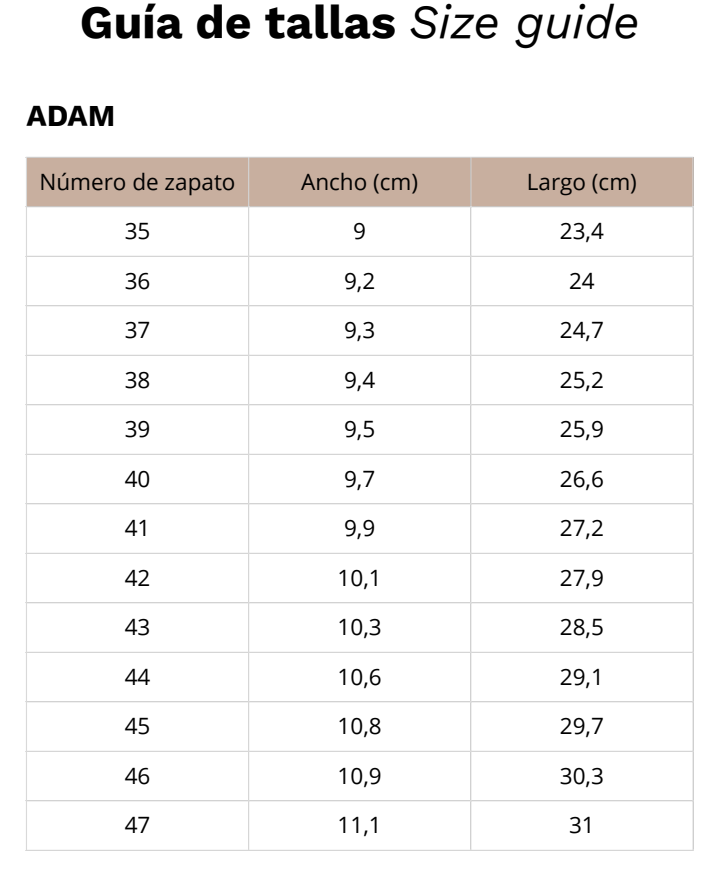 Size chart Aura - 1560